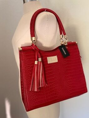 NWT BEBE Red Croc Embossed Handbag Braided Top Handles/Tassels/Crossbody Strap